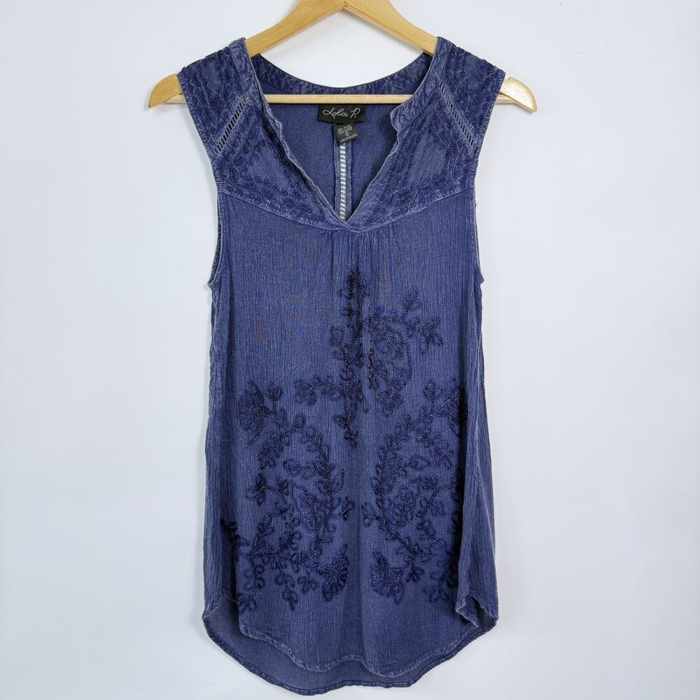 Lola P Sleeveless Tunic Top Womens Size S Blue Floral Embroidered Lightweight